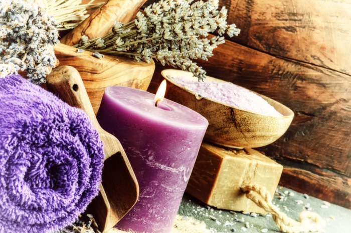 Purple candle spa day at home