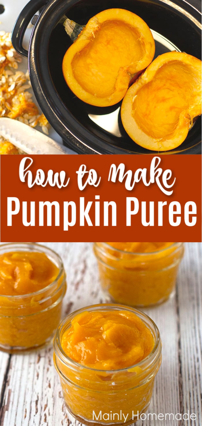 pumpkin in slow cooker and pumpkin puree in jars